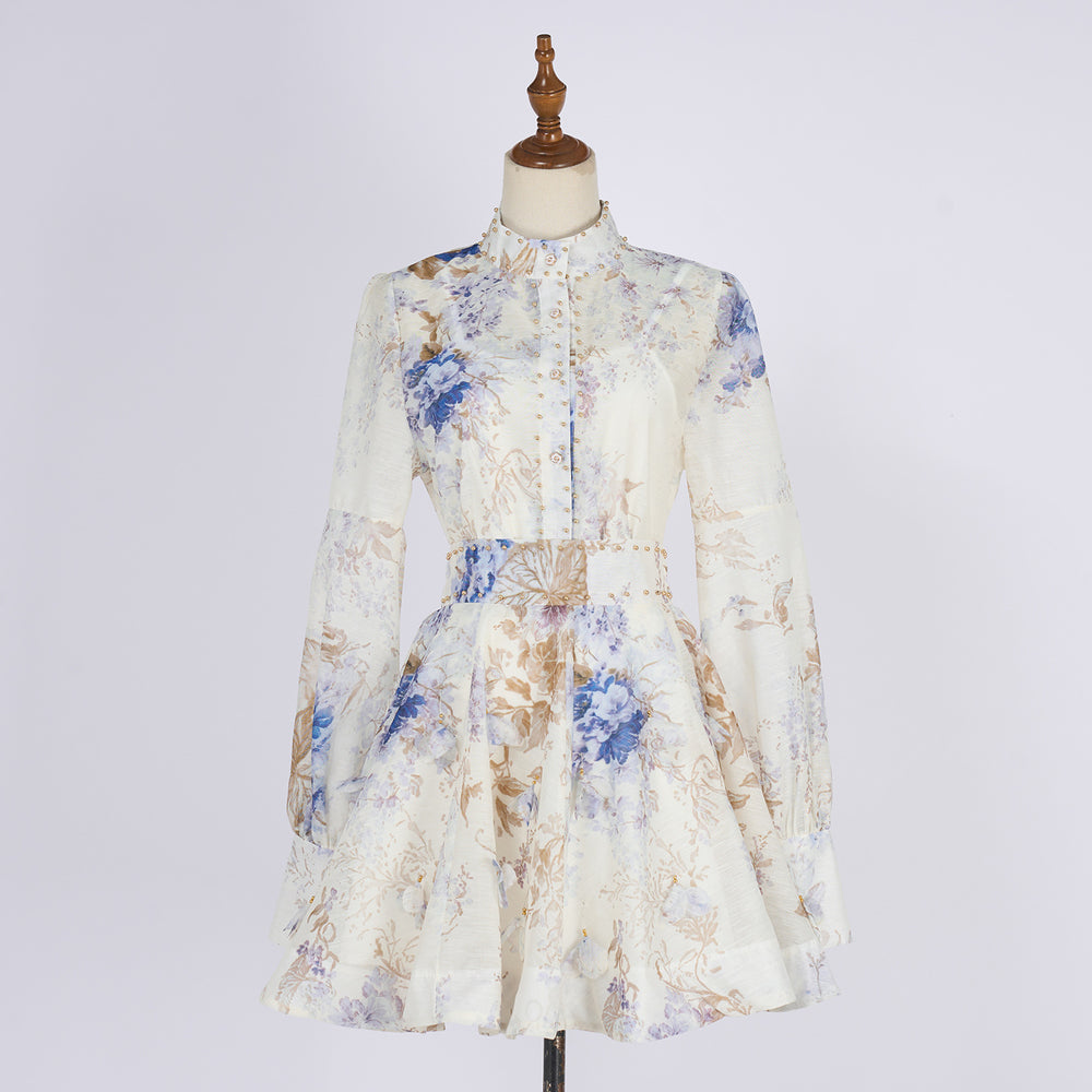 European and american style retro print beaded lantern sleeve top + a-line midi skirt two-piece set - high-end socialite look