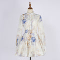 European and american style retro print beaded lantern sleeve top + a-line midi skirt two-piece set - high-end socialite look