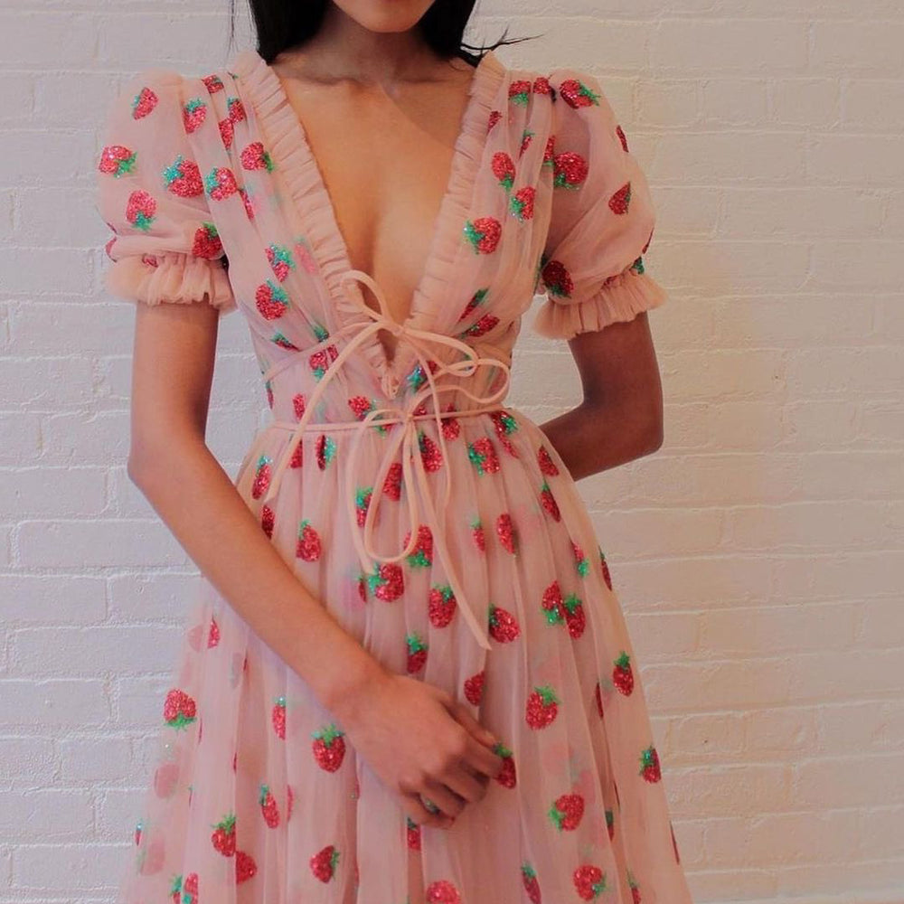 cross-border french strawberry sequin sweet maxi dress - four colors, mesh overlay, tie-waist, slim-fit fashion dress