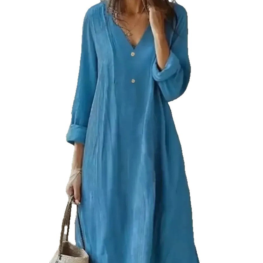 New arrival: cross-border  women's cotton linen v-neck maxi dress - fashionable, casual, long sleeve, button-down, loose fit