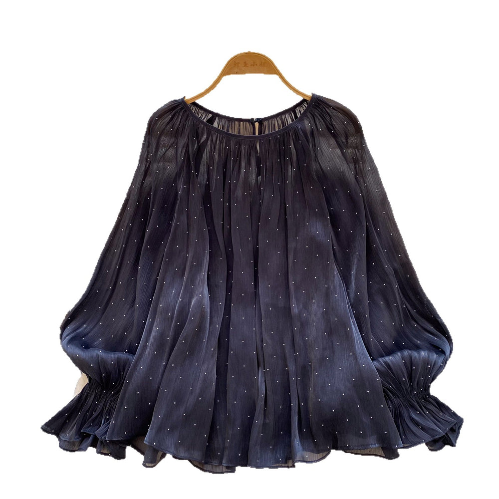 French style palace style heavy industry hot diamond patchwork lantern sleeve streamer mesh shirt loose flesh-covering tops