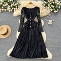 Frenchclassy sense lapel lacepatchwork metal buckle waist pleated dress female autum tweed style long skirt