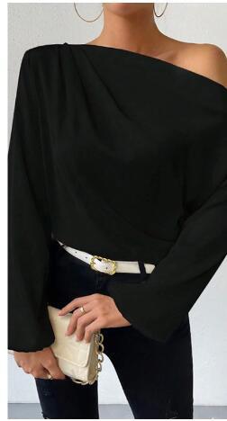 Asymmetrical long sleeve blouse - women's off-the-shoulder pullover top -  cross-border fashion - solid color satin long sleeve shirt