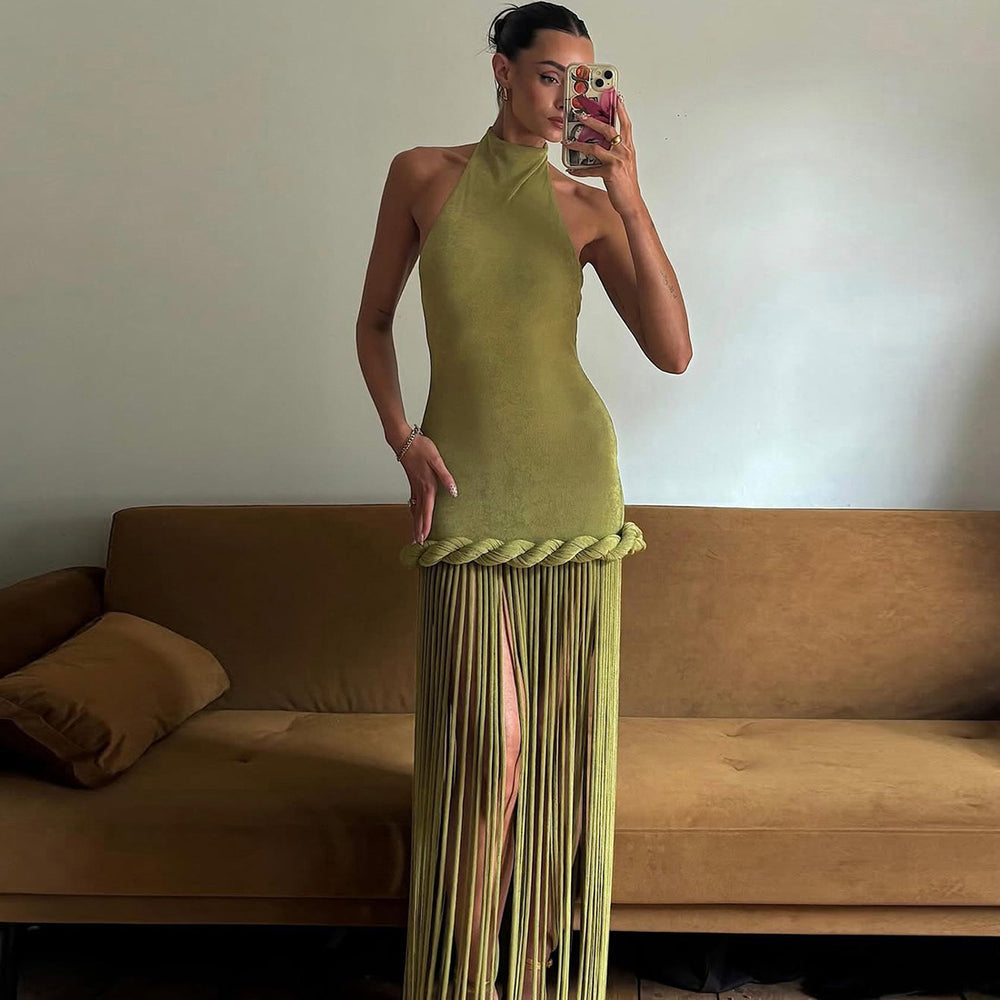 European and american style women's summer  new fashion halter tassel design backless sexy slim-fit dress wholesale