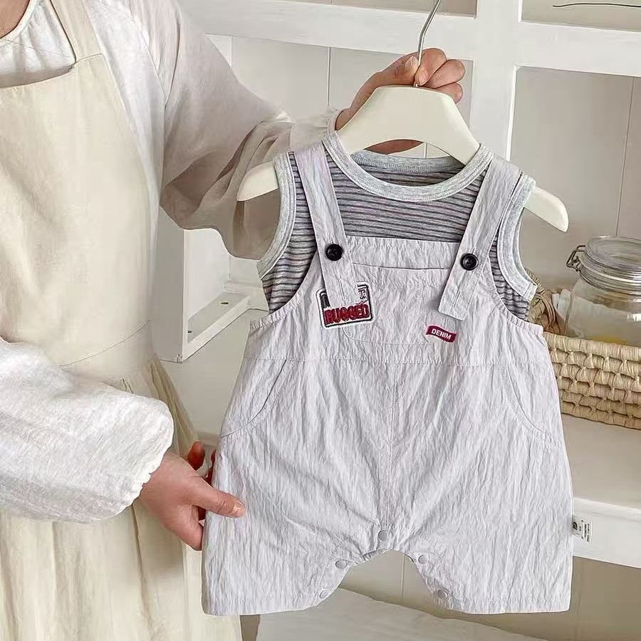Summer new baby stylish overalls boys' summer outfit two-piece set kids' summer striped tank top clothes