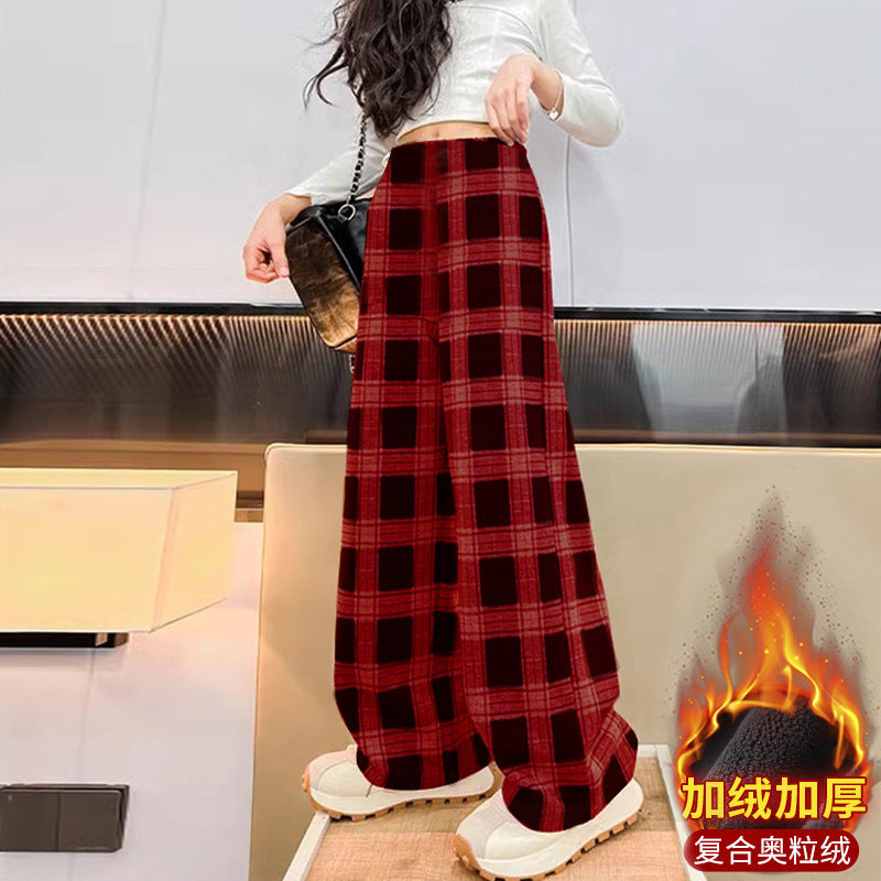 Girls' wide-leg pants,  new high-waisted casual kids' straight-leg trousers, fleece-lined, korean style plaid pants for girls (mid to big kids)