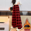 Girls' wide-leg pants,  new high-waisted casual kids' straight-leg trousers, fleece-lined, korean style plaid pants for girls (mid to big kids)