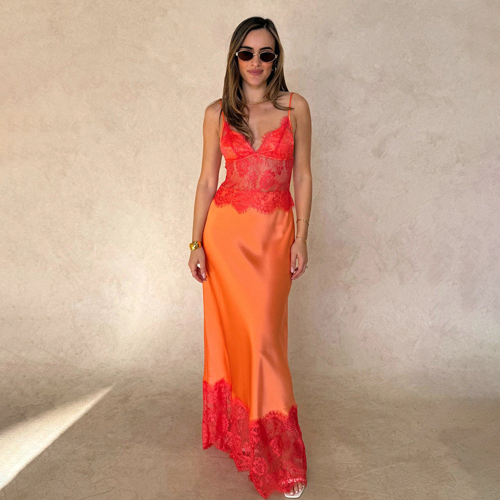 European and american spring/summer new arrivals: fashionable and elegant deep v-neck see-through backless dress, sexy spaghetti strap lace patchwork maxi dress