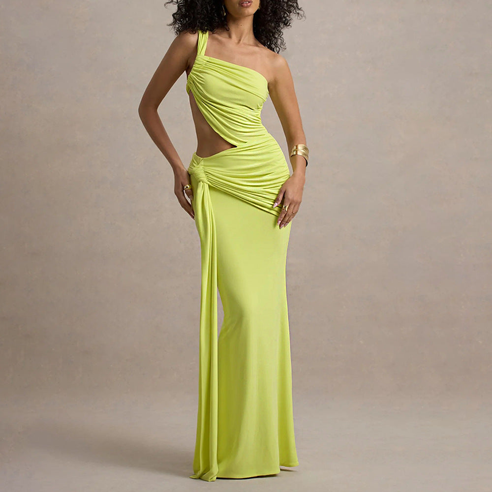 european and american cross-border summer sexy one-shoulder backless bandeau dress fashion solid color tie-up ruched maxi dress
