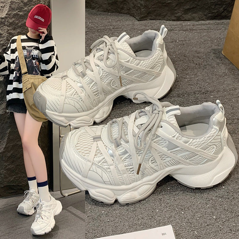 Parisian strappy chunky sneakers for women, new spring/summer 2026 collection, breathable mesh round toe lace-up casual athletic shoes