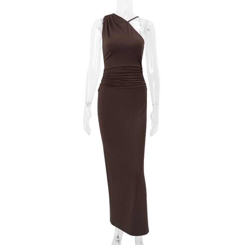 European and american women's clothing  spring new arrival: elegant solid color one-shoulder sleeveless bodycon ruched panel bodycon dress