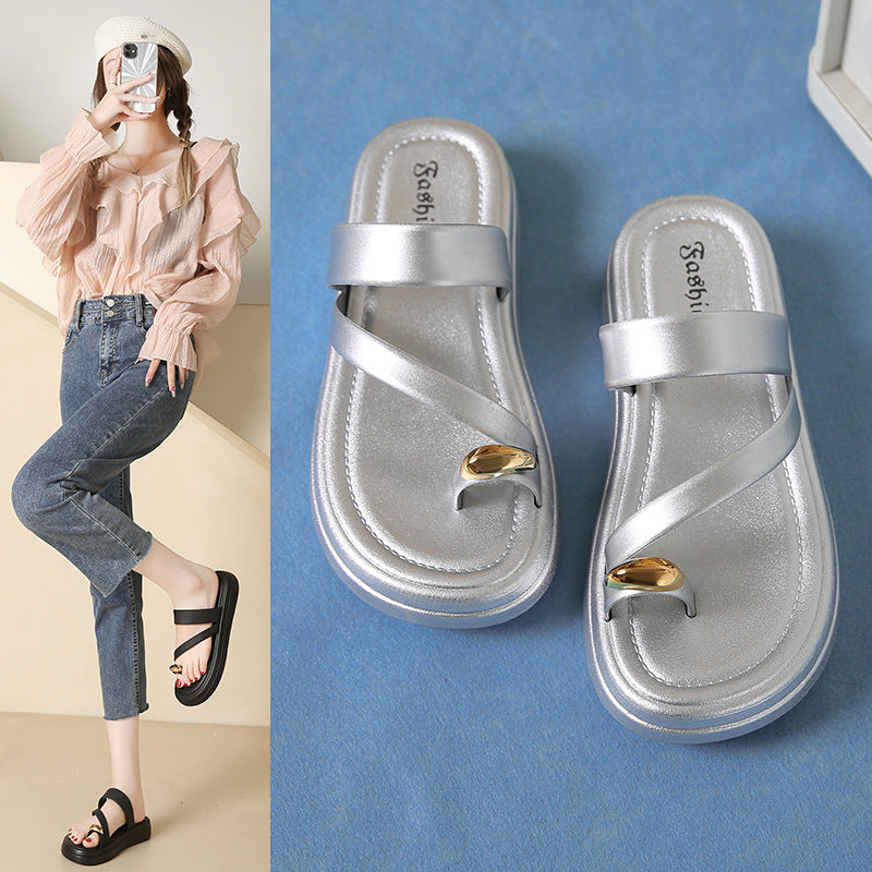 Women's summer flip-flops: new fashionable thick-soled casual french-style height-increasing versatile thong sandals for outdoor wear