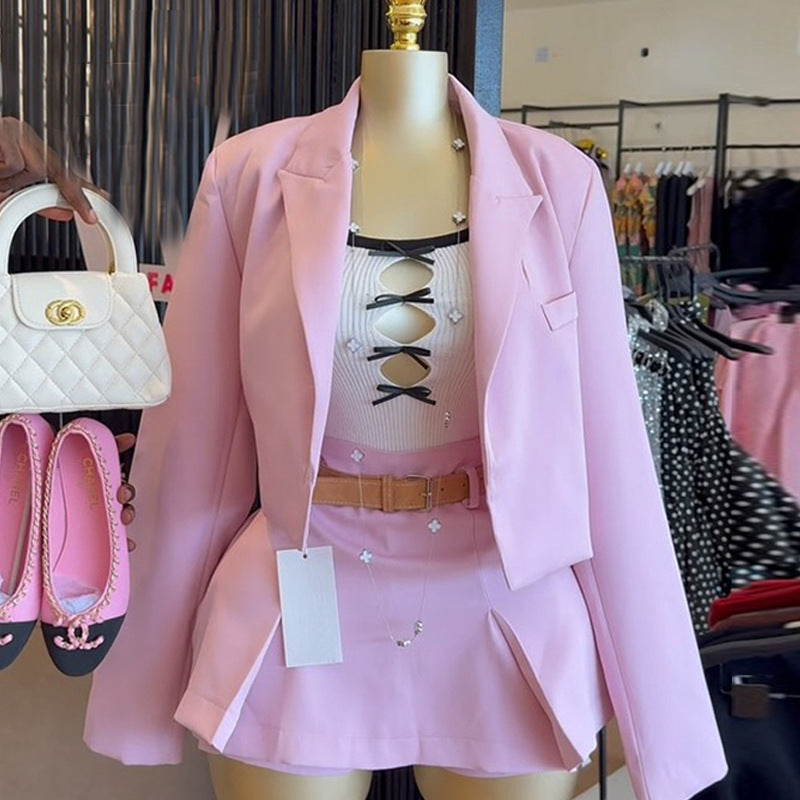European and american cross-border women's fashion  autumn/winter new collection: solid color chic cropped long-sleeve blazer and a-line midi skirt set
