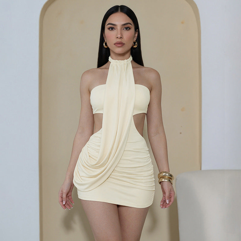 European and american women's clothing  summer new solid color casual backless halter neck tie-up ruched mini dress wholesale
