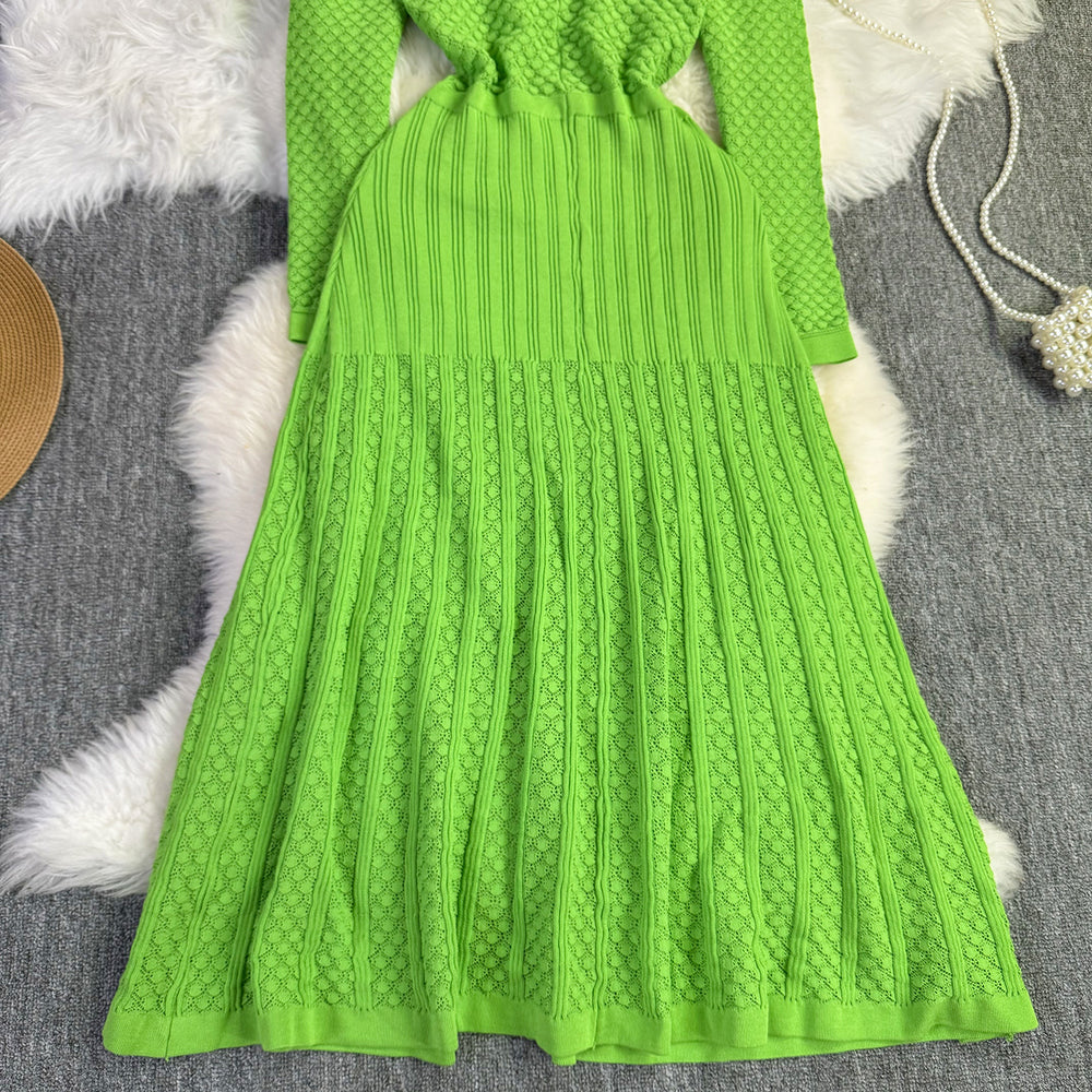 Autumfrench small fragrance elegancelightful grids round neck elegant waist long sleeves knittingdresspleatedniche style design