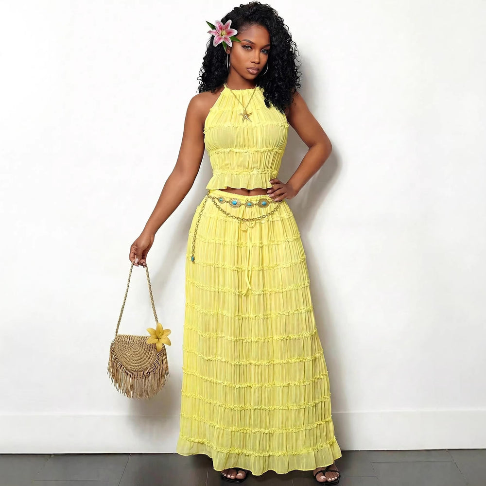 Lace-trimmed tank top summer set - sleeveless, backless, halter neck, flowy skirt - perfect for beach photoshoots (cross-border )