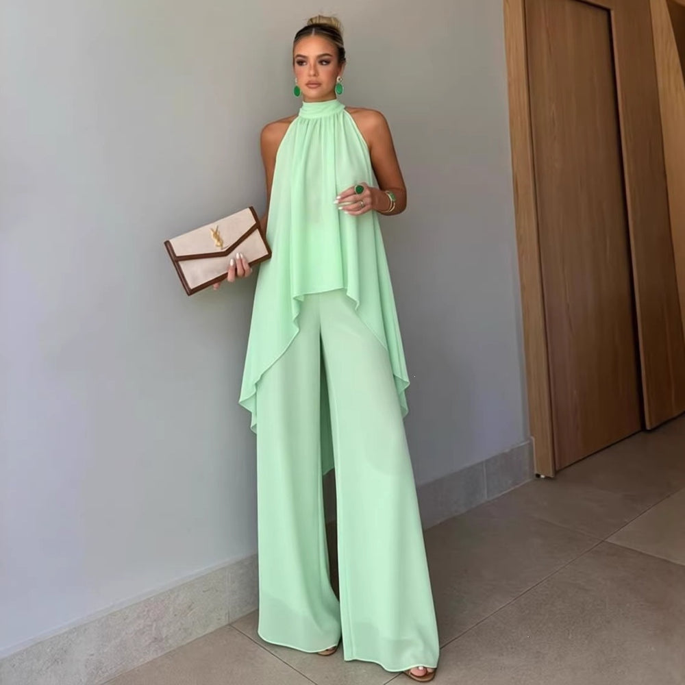 Independent station fashion cross-border  summer fashioncasual asymmetrical sleeveless elegantpure color pants suit women's clothing