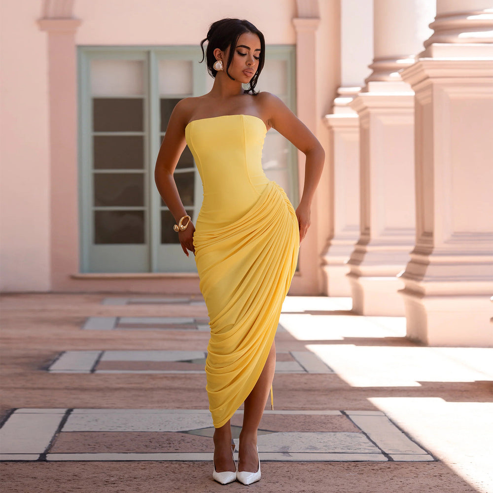 C7729 cross-border   fashion women's sexy off-the-shoulder bandeau ruched bodycon dress