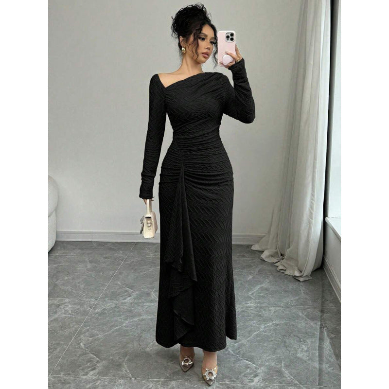 fashion  autumn new arrival elegance asymmetric slant neck waist ruffles long sleevesdress