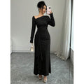 fashion  autumn new arrival elegance asymmetric slant neck waist ruffles long sleevesdress