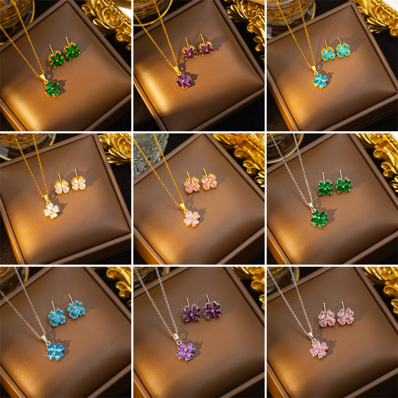 popular zircon-inlaid four-leaf clover necklace accessible luxury niche women's fashion non-fading clavicle chain earrings jewelry set