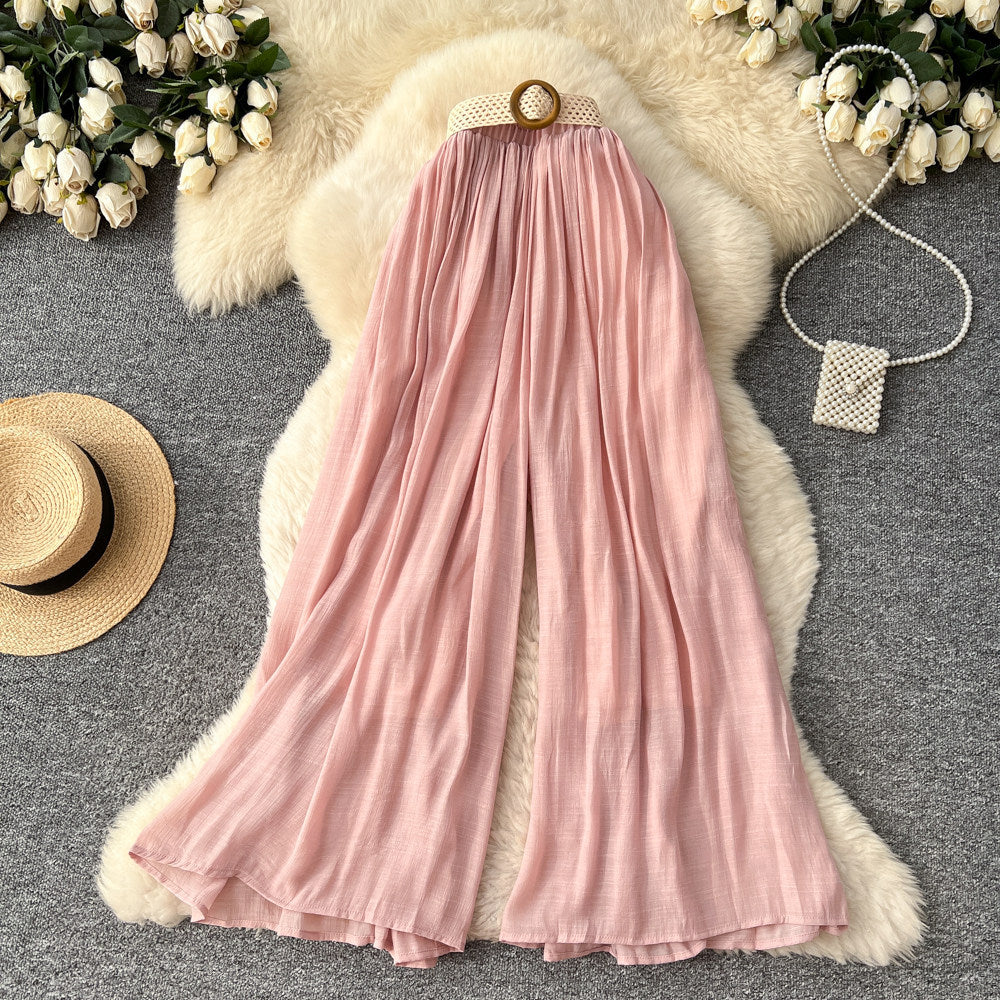 Lazy style high waist woven belt loose wide leg pants for women spring and summer drape slimming look cover crotch loosecasual pants