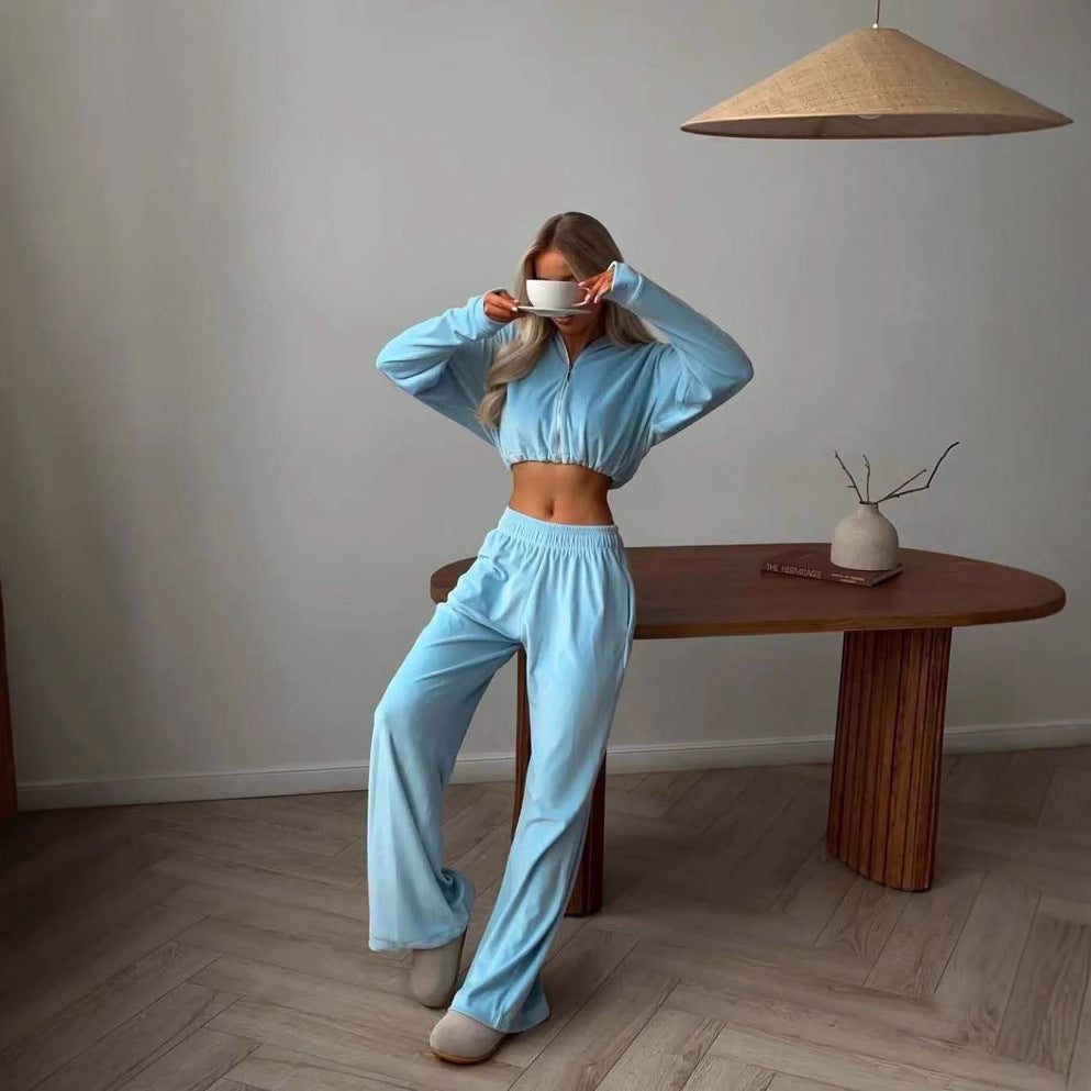 Europe, America, autumn and winter new Spice Girl solid color hooded navel long-sleeved sweater pants set women's fashion suit zipper cardigan