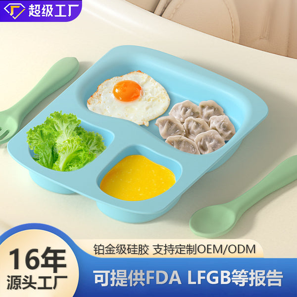 Silicone Plate Infants and Toddlers Suction Cup Type Supplementary Food Plate Food Grade High Temperature Resistant Grid Plate Silicone Tableware