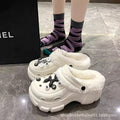 2024 cartoon cotton slippers for girls, new autumn/winter thick-soled, height-increasing, non-slip, two-wear style, fleece-lined warm fuzzy clogs
