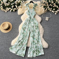 Women's summer jumpsuit for travel & vacation: stretchy, ruched, cinched waist, floral print, spaghetti strap, wide leg, long pants, beachwear