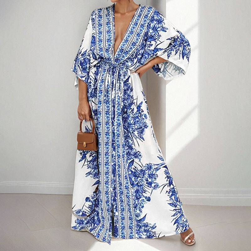women's summer new arrivals:  cross-border fashion - elegant printed v-neck tie-strap maxi dress