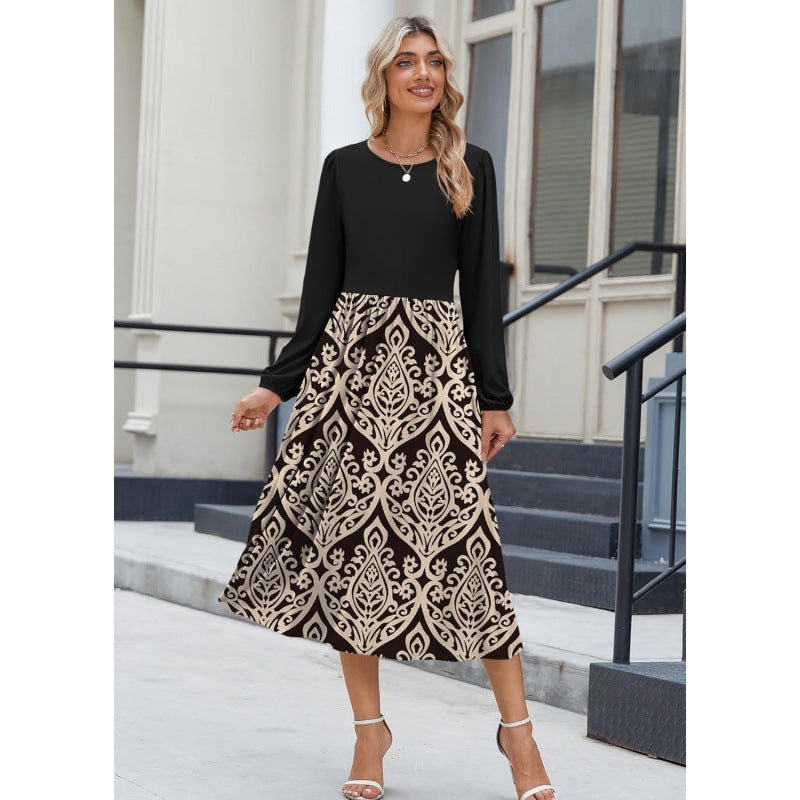 fall/winter women's long-sleeve casual flowy a-line bohemian midi dress