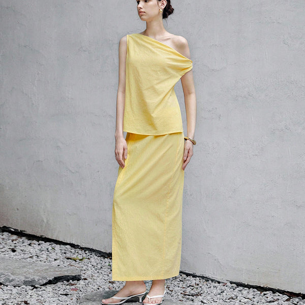 Ruihu 2025 European and American    summer slanted shoulder sleeveless top straight skirt set solid color