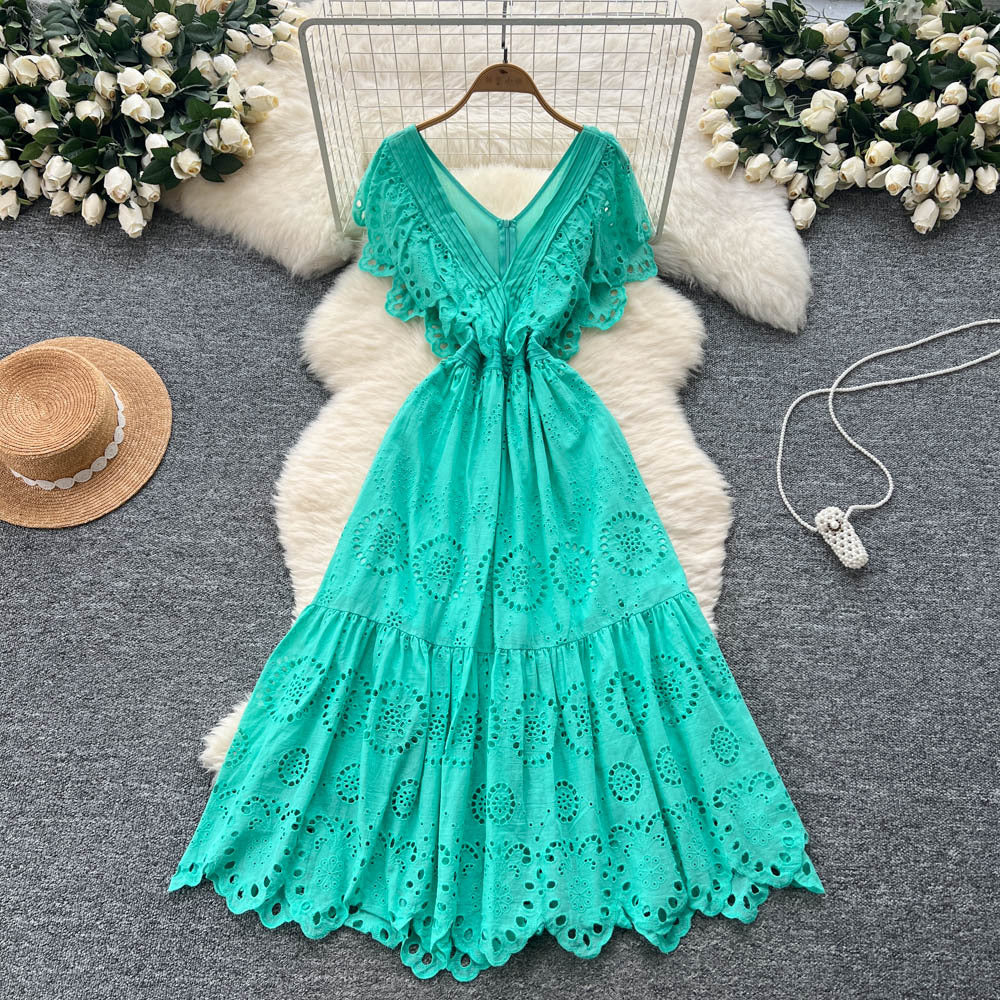 Vintage court style flutter sleeve dress - women's summer hollow-out crochet, high-end design, elegant socialite, light luxury maxi dress