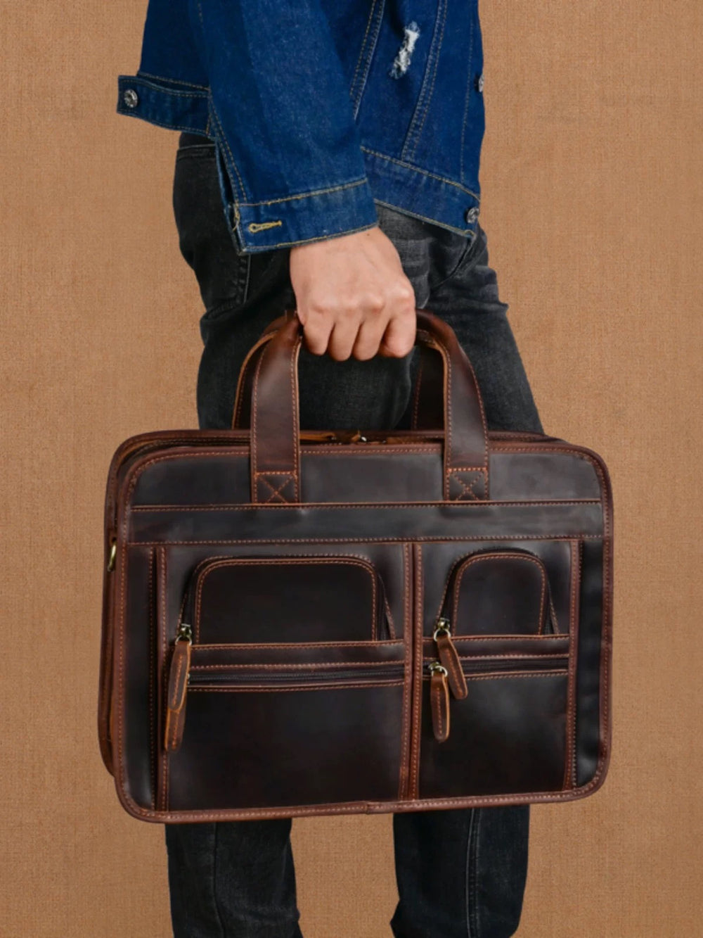 Casual retro genuine leather men's briefcase 15.6inch business handbag shoulder crossbody bag cowhide men's bag