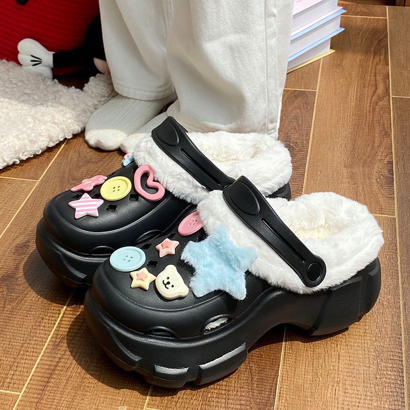 Clogs winterfleece-lineddetachable women's fall and wintergirl high heels cute student non-slip cotton slippers winterfleece-lined