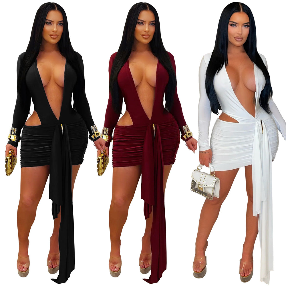 C7607 cross-border   fashion women's sexy deep v solid color ribbon dress mini skirt new