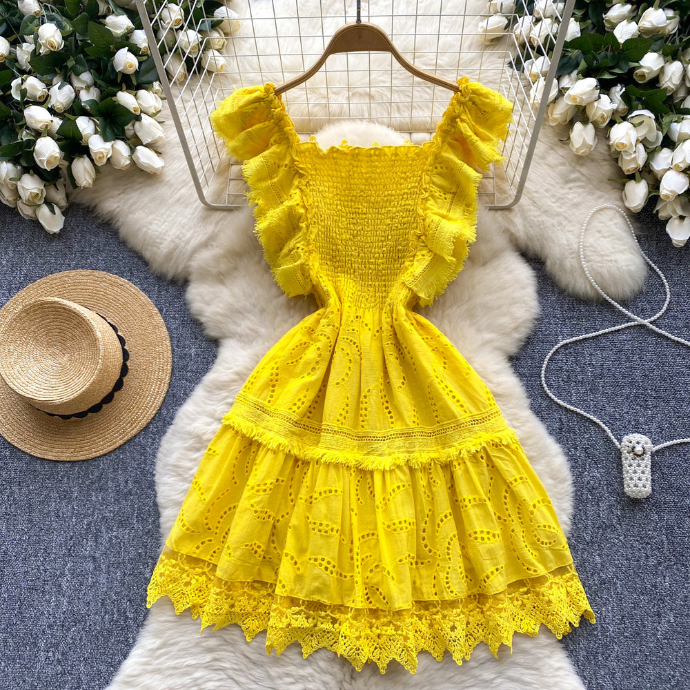 Gentle style elegantdress women's summer french heavy industry laceembroider waist slimming look small flying sleeve dress
