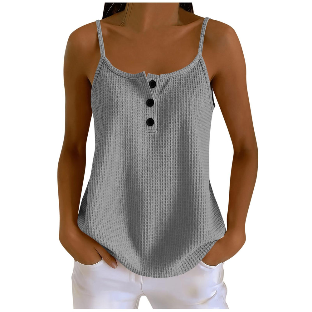 european and american summer new arrival: solid color waffle knit patchwork cami top with adjustable straps, slimming design, and button closure
