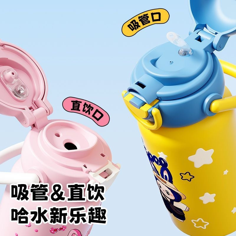 Creative cartoon double-drink kids' thermos: stylish, high-capacity student straw water bottle - stainless steel cup