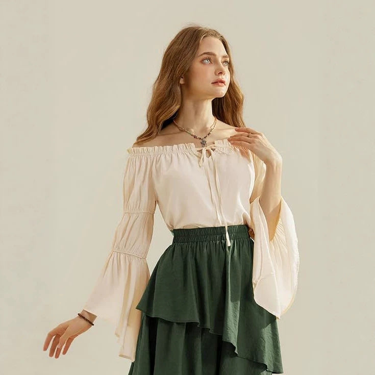 fashion renaissance shirt off-shoulder bell sleeves rufflescasualloose one-shoulder tops