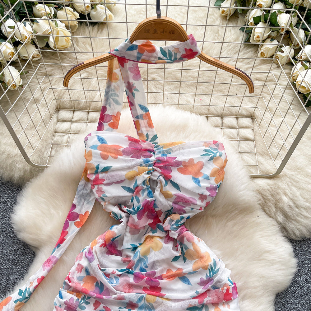 Small fresh haltercut out floral dress women's summer sleeveless waist slimming look hip-covering short skirt holiday style