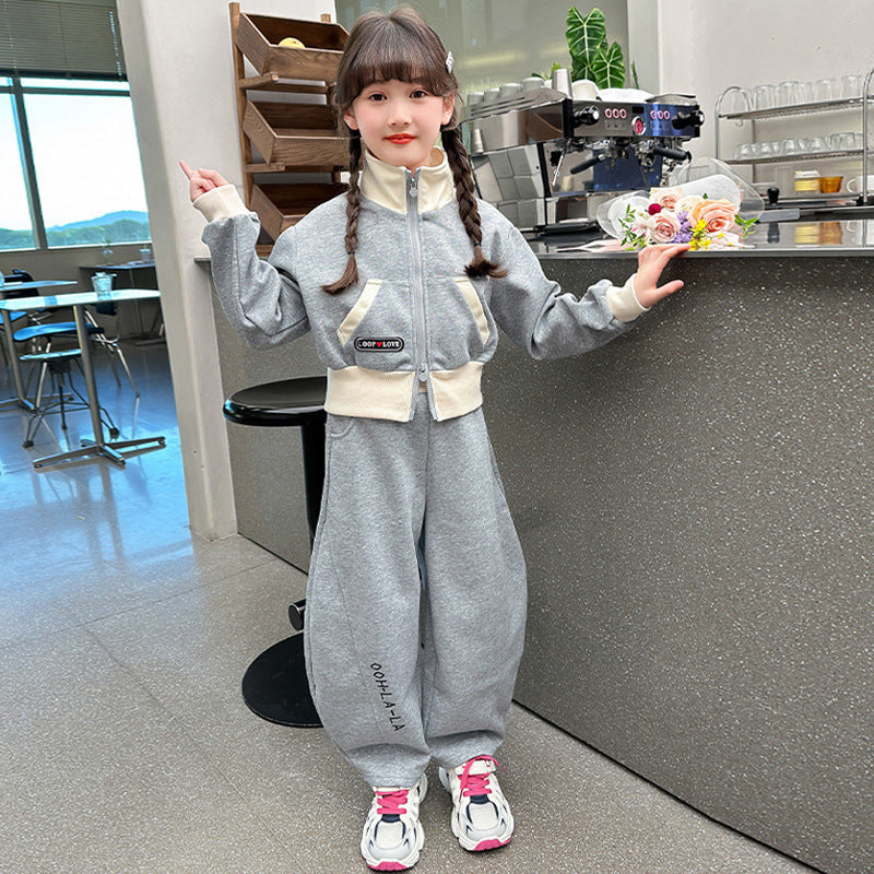 Girls' autumn cardigan two-piece set: new  versatile chic stand collar jacket, loose-fit spring/autumn outfit