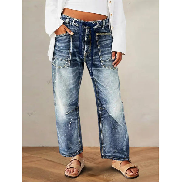 Standard size women's clothing washed nostalgic wide-leg jeans, drawstring belt decoration, fashionable nostalgia 2025 new models