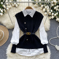 Layered shirt vest women's autumn two-piece set fashioneasiest for match sleeveless cable stitchknitting vest with long sleeves shirt