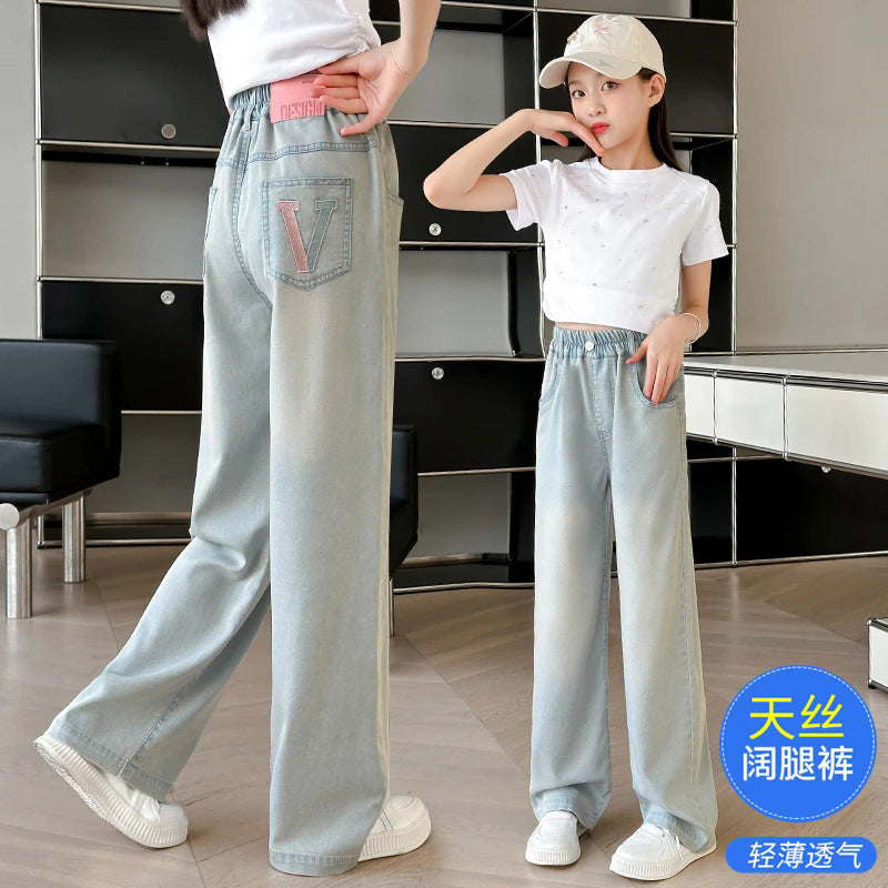 Girls' pants: new  summer collection - stylish, loose-fit, lightweight tencel denim wide-leg pants for girls and big girls, perfect for students