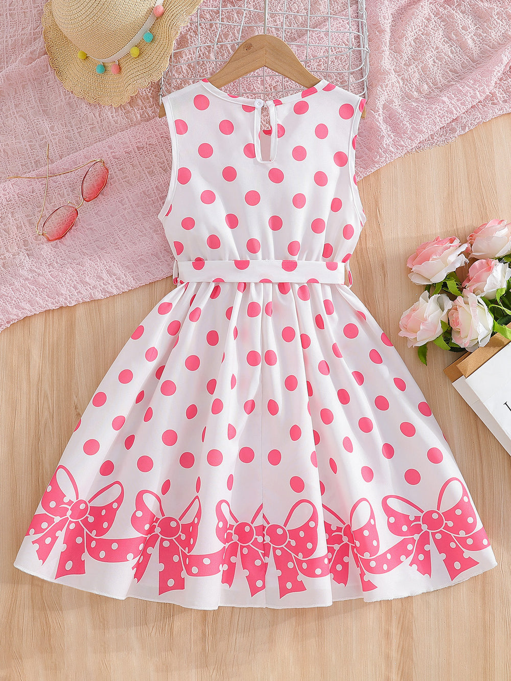 summer girls' sleeveless sundress - pink polka dot bow print with belted waist