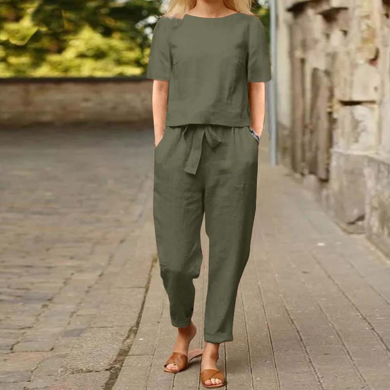 Spot   women's clothing cotton and linen summer matching set half-sleeved O-neck oversized blouse e wide legs, retro pants
