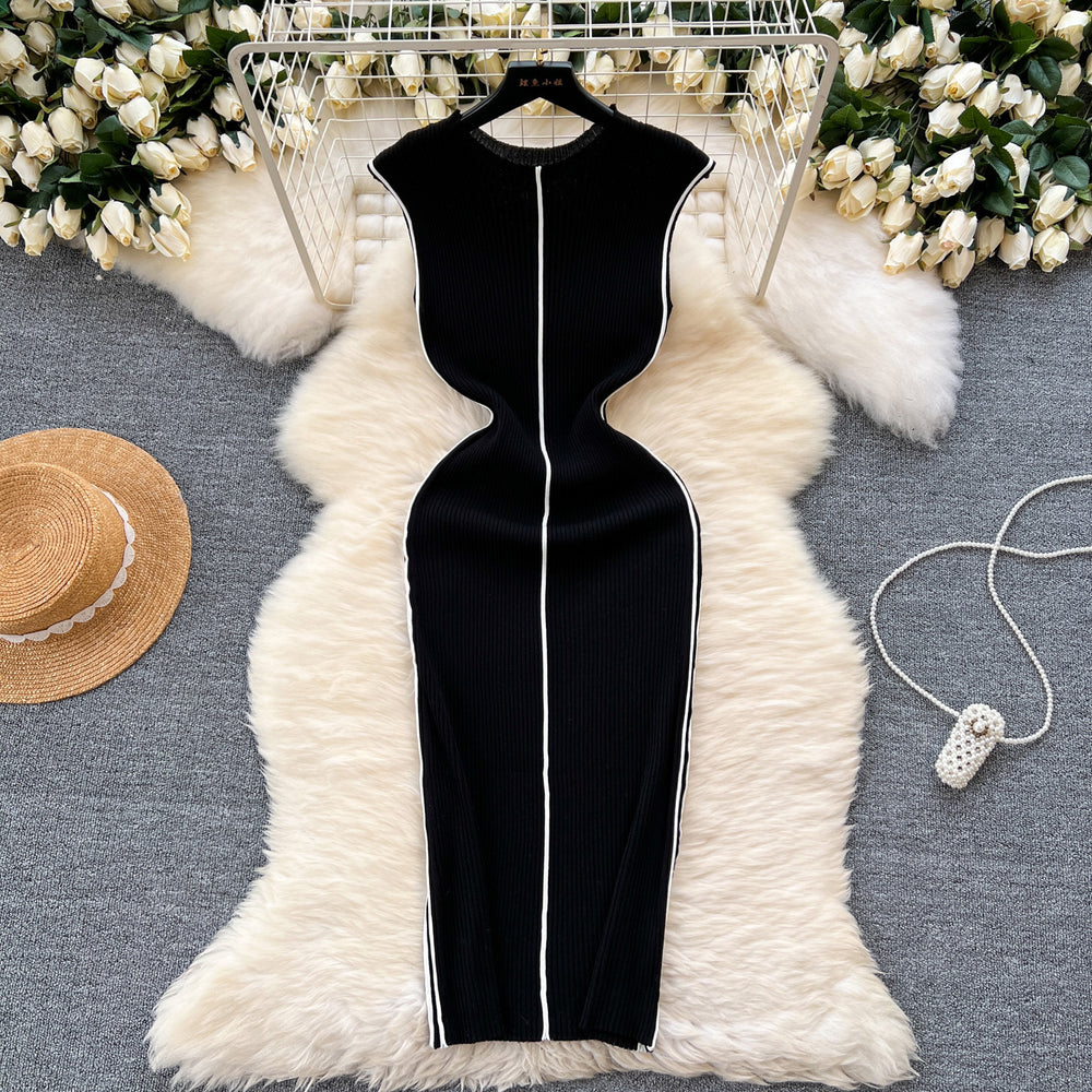 Elegant goddess style classy sense of knittingdress female sense of designniche style silmslimming lookelegantcontrast color hip skirt