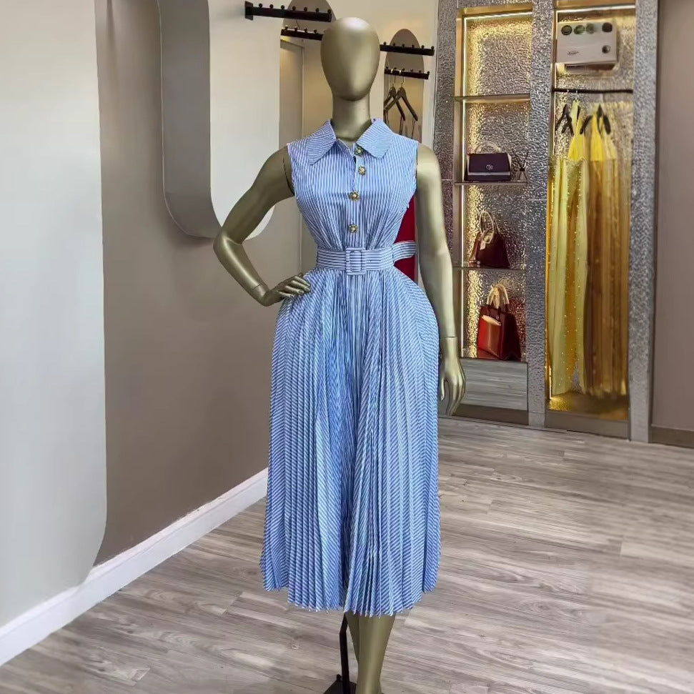 European and american cross-border women's fashion:  summer new arrivals - stylish and minimalist turn-down collar sleeveless tie-waist pleated striped dress